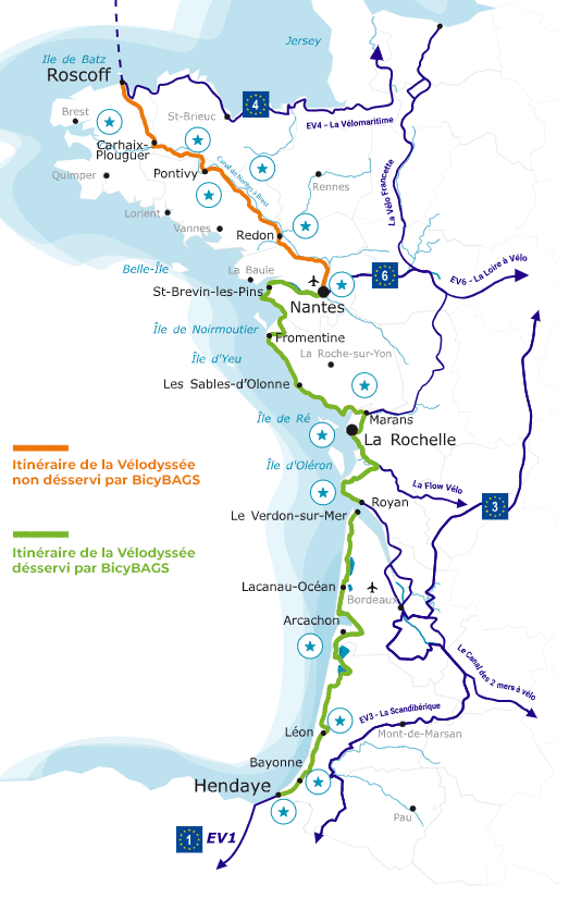 Carte de la Vélodyssée, itinéraire vélo français de l'EuroVelo 1 | BicyBAGS