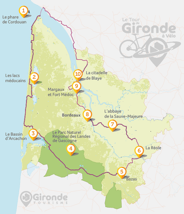 Carte du Tour de Gironde à vélo et de ses principaux points d'intérêt touristique