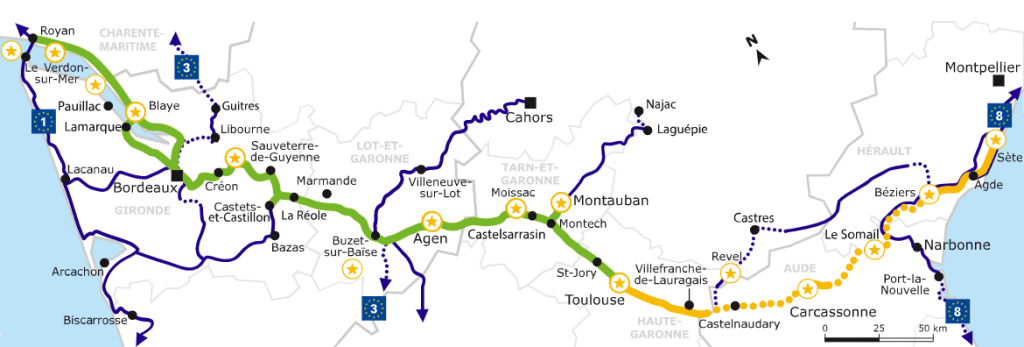 Map of the Canal des 2 Mers by bike (in green, the part served by BicyBAGS)