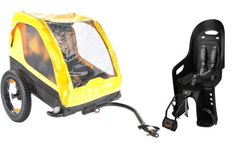 Équipement vélo pour les enfants : remorque jaune et siège noir