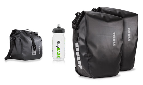 The hiking pack includes: 1 handlebar bag, 1 water bottle, and 2 rear panniers.