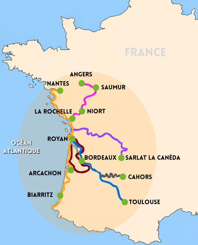 Carte de la France avec zone d'intervention et itinéraires désservis par BicyBAGS
